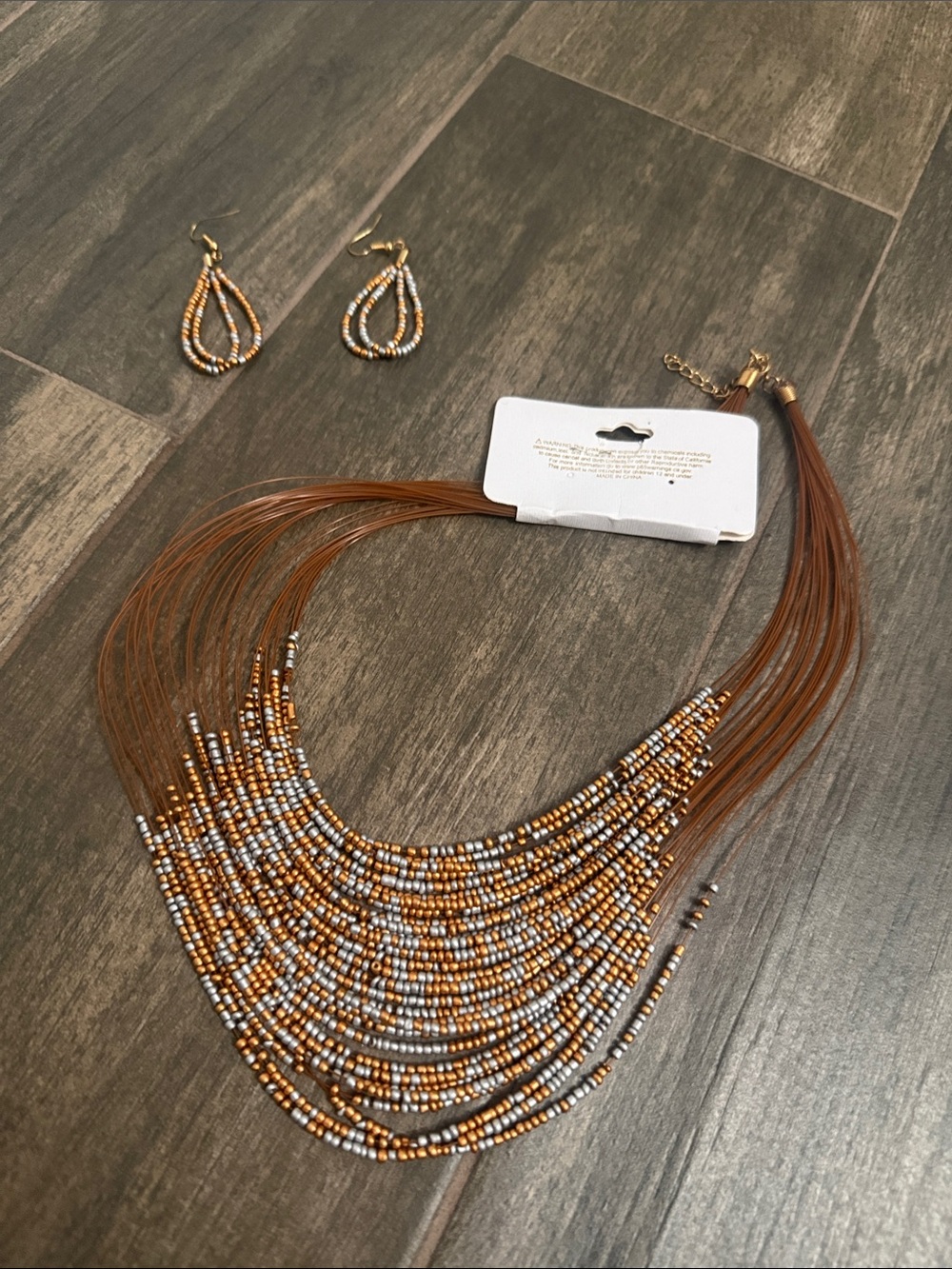 Chloe Brown and Silver Beaded Multi-Strand Necklace with Matching Earrings